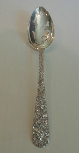 VINTAGE S. KIRK & SON "REPOUSSE" STERLING SILVER PIERCED SERVING SPOON, 65 grams