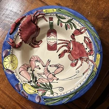 Tabasco TIKA Pottery 15” Round Seafood Buffet Bowl With Crab & Shrimp Artwork