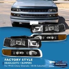 For 99-02 Chevy Silverado / 00-06 Suburban Black Amber Headlights + Bumper Lamps