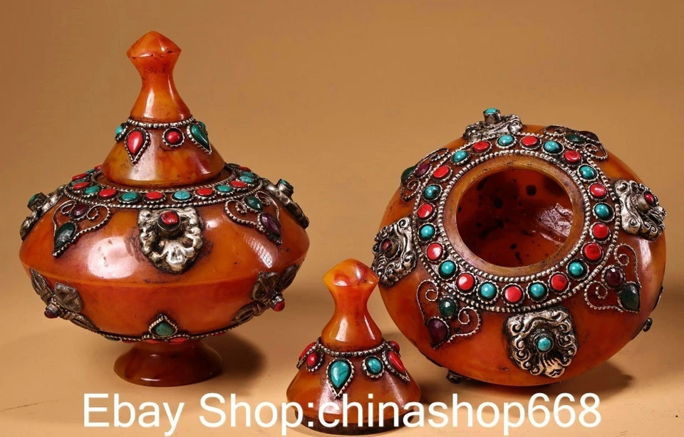 5.2英寸旧藏琥珀银佛教花朵八宝罐一对 — 第 4/4 张图片