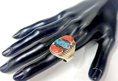 Vintage LRG Zuni Wayne & Virginia Quan SS & 14Kt Gold Turquoise Red Coral Ring