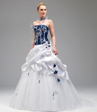 Duchesses corset ruched white dark blue wedding dress wedding dress flowers