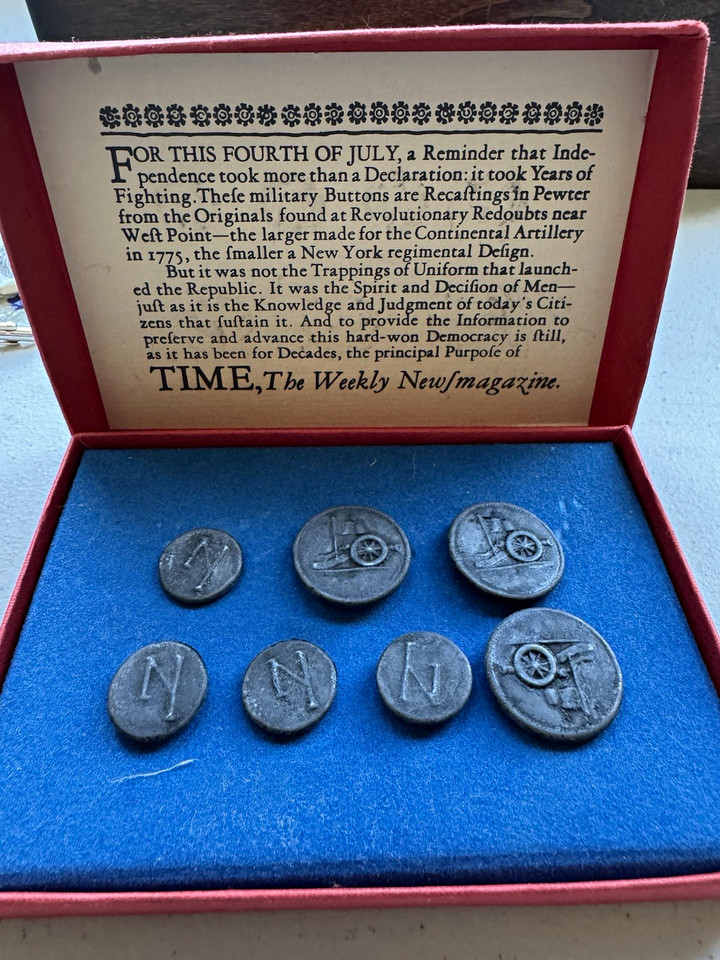 Set of 6 Round Gray Metal Military Relief Buttons w/ Display Box & Text ...