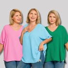 1X 2X 3X Women's Woven Airflow V Neck Short Sleeve Loose Oversized Top Curve Hem