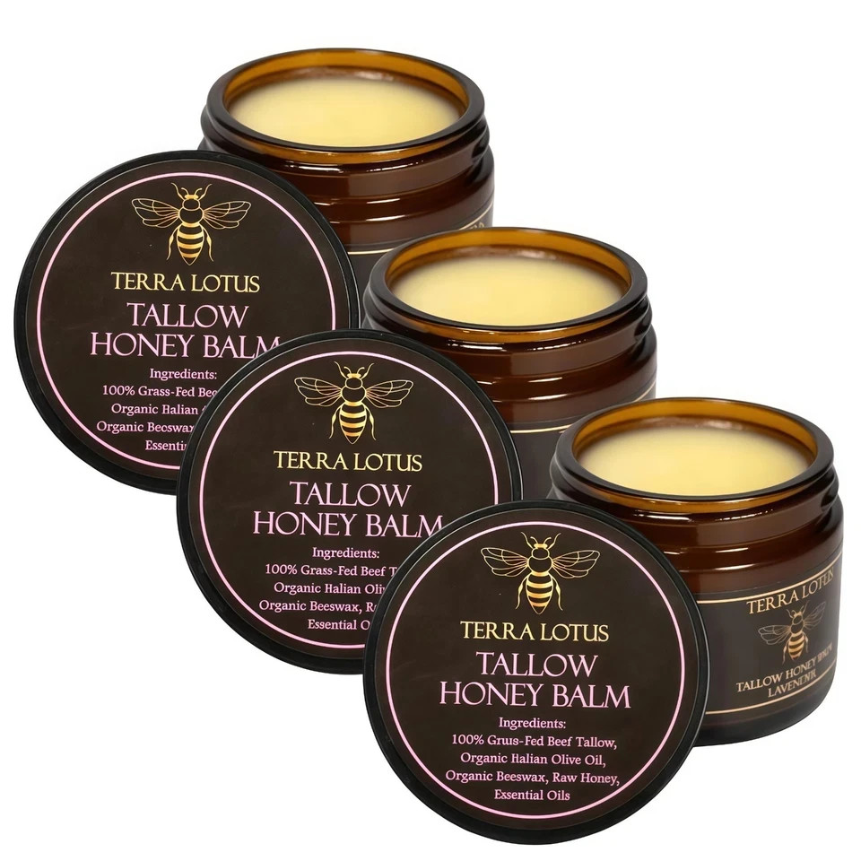 3PC Organic Grass-Fed Beef Tallow Balm with Raw Honey  Lavender Skin Moisturizer