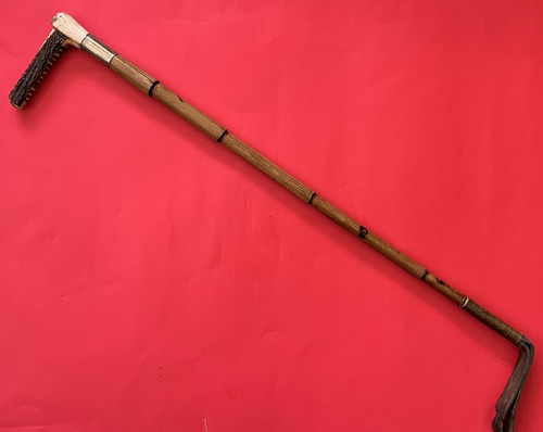 Antique Horn Handle Silver Band Bamboo Early 1900's Equestrian Riding Crop