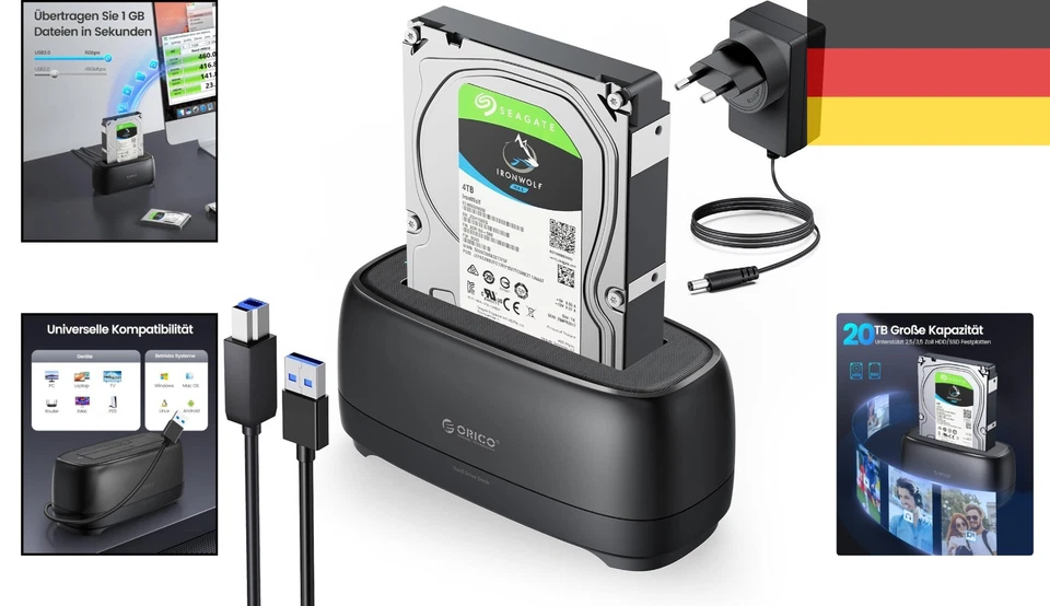 USB 3.0 Festplatten Docking Station für 2,5" und 3,5" SATA HDD/SSD bis 20TB - Bild 2 von 4