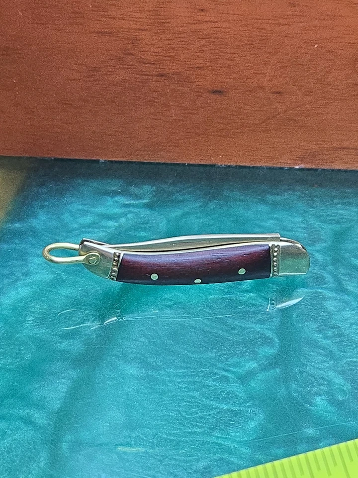 Mini cuchillo de bolsillo con llavero de latón y madera hoja dorada cuchillo plegable vintage🌟¡LIMPIO! Foto 3 de 4