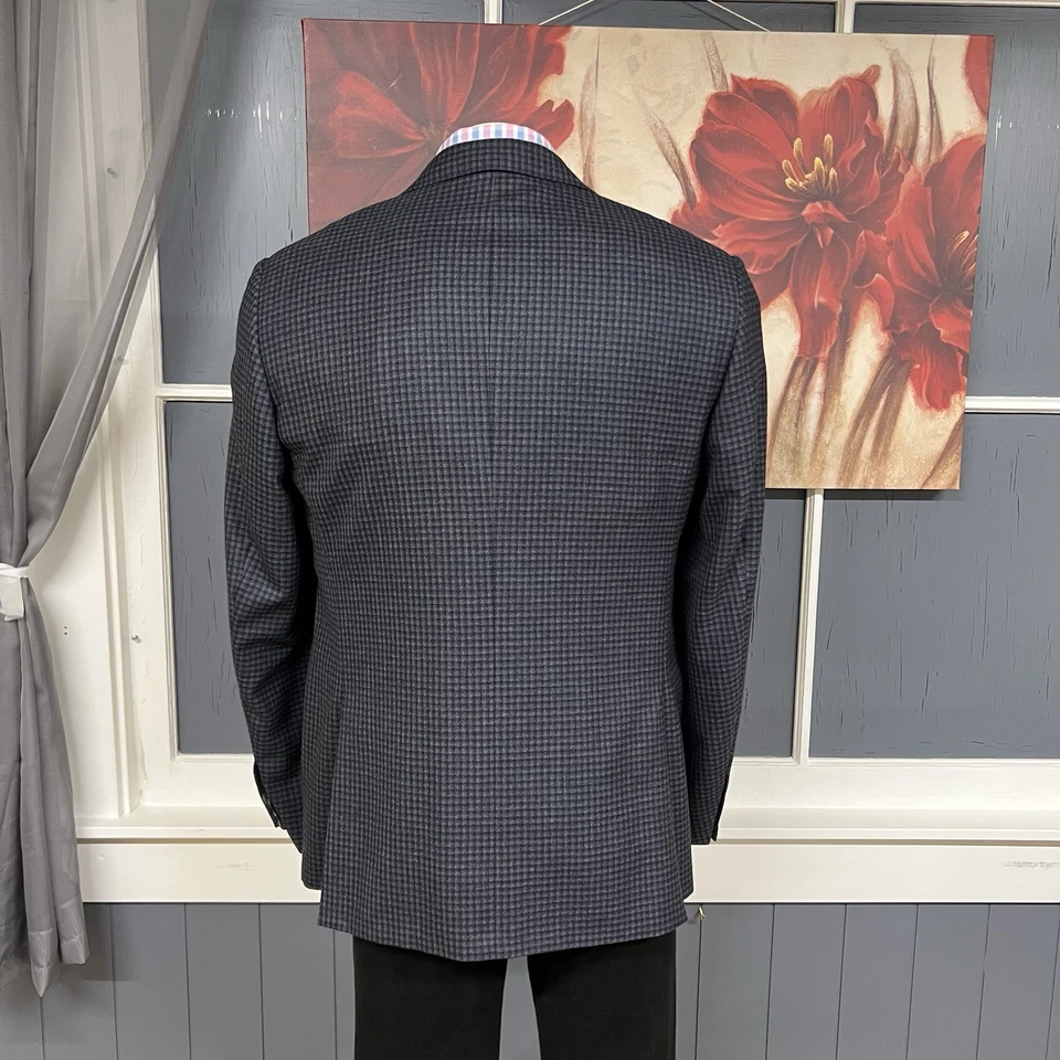 Blazer masculino Corneliani lã cashmere 44R azul marinho/cinza/preto punhos de trabalho flanela - Imagem 3 de 4