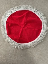 Vintage Red CHRISTMAS TREE SKIRT With White Fringe 31” Wide