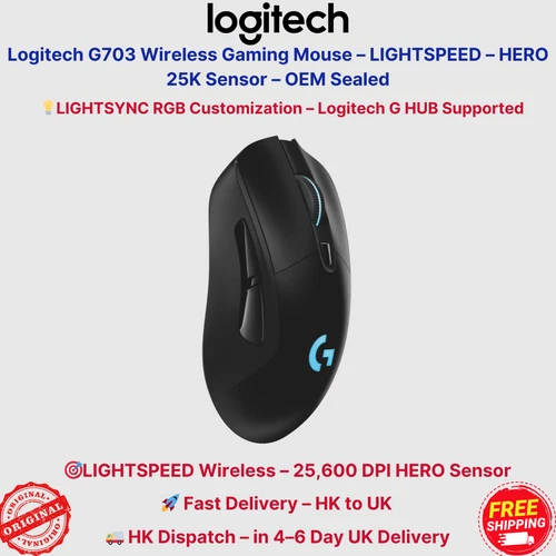 Logitech G703 Wireless Gaming Mouse – LIGHTSPEED – HERO 25K Sensor – OEM Sealed