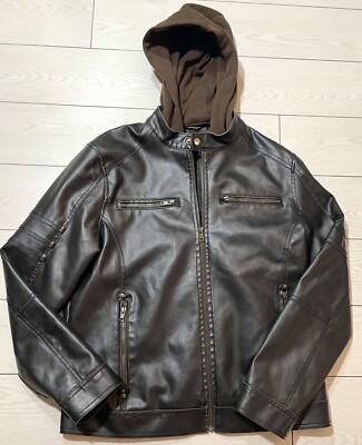 Black Rivet G-III Faux Leather Jacket with brown hoodie inside unisex size  M