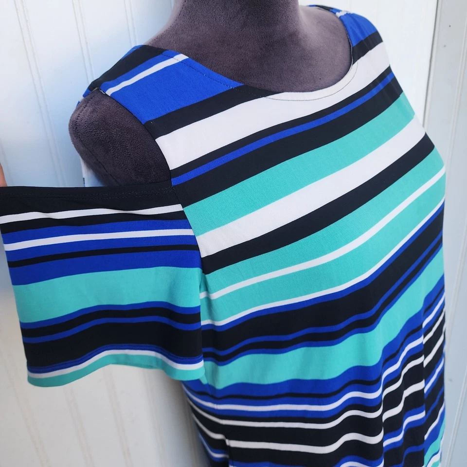 RN Studio Ronni Nicole 女式弹力露肩条纹蓝色绿色 XL — 第 3/4 张图片