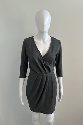 Amisu Gray Faux Wrap Dress Womens Size 6 Ruched 3/4 Sleeve V Neck Sheath