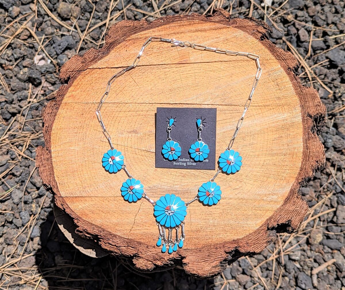 Cute Detailed Native American Zuni Coral Sterling Silver Necklace And Earring Set Cute Detailed Native American Zuni Coral Sterling Silver Necklace And Earring Set