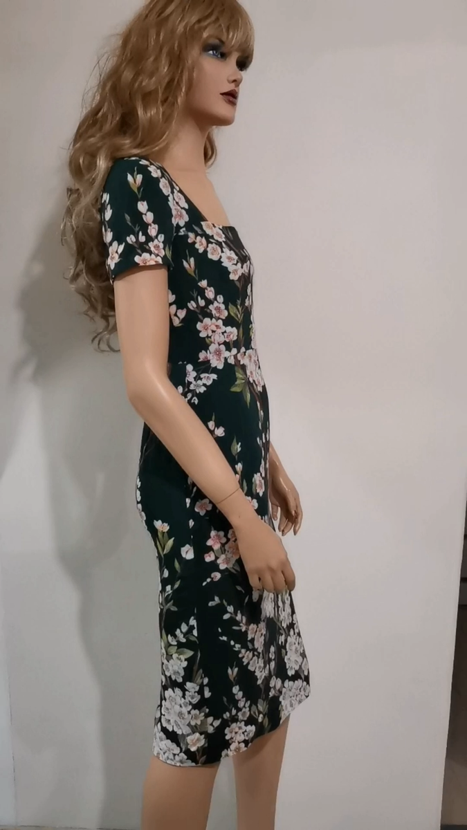 Dolce & Gabbana Floral Cherry Blossom Print Dark Green Cady Dress