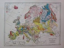 1901 VICTORIAN MAP GEOLOGICAL EUROPE JURASSIC VOLCANIC TERTIARY TRIASSIC