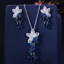 Royal Blue CZ Stone Earrings Necklace Sets Drop Tassel Round Heart Shape Jewelry