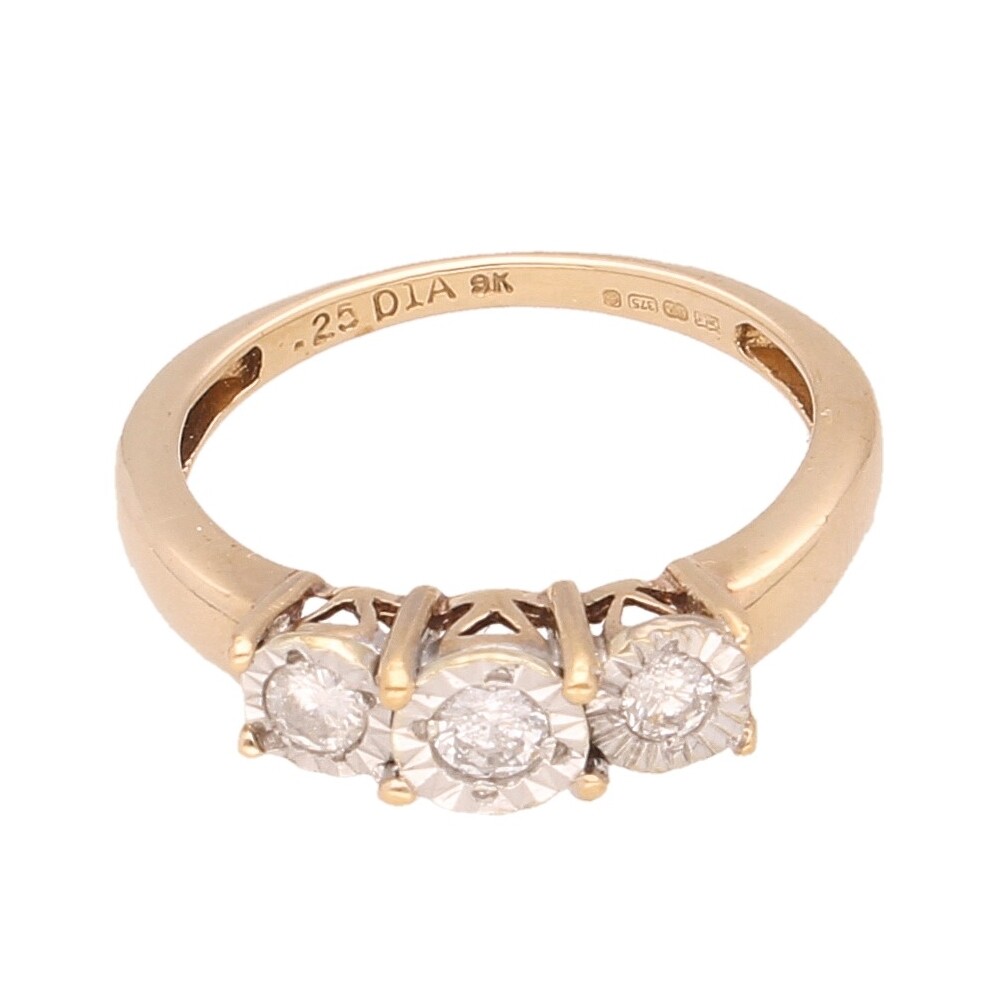 9Carat Yellow Gold 0.25ct Diamond Illusion Set Three-Stone Ring (Size N) 13x5mm