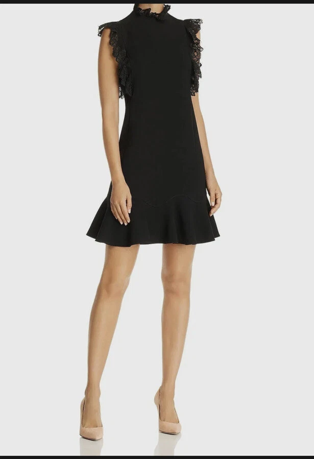 699 Rebecca Taylor Women Black Ruffled Lace Mock Neck Cocktail