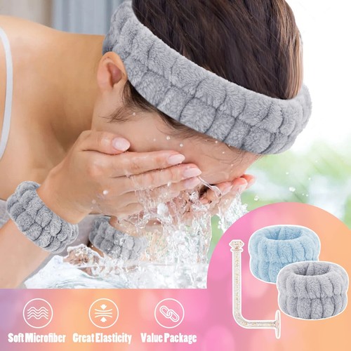 Face Wash Headband and Wristband Set of 2,Wrist Towels for Washing Face w/Holder - Picture 3 of 9
