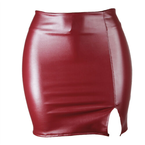 Mujeres Sexy Metálico Bodycon Lápiz Mini Falda Corta Cuero PU Look Húmedo Prendas para club nocturno - Imagen 14 de 24