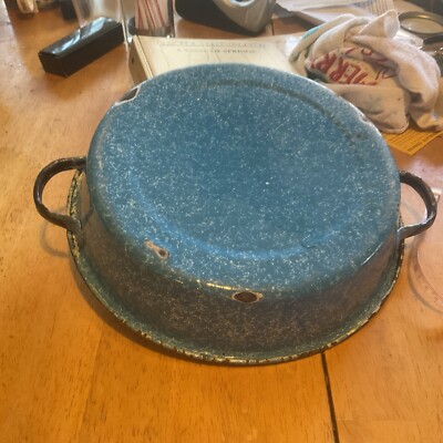 Vintage Enamelware Graniteware Tins Pan Handled White Speckled Blue Turquoise