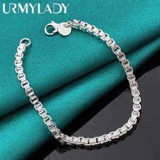URMYLADY 925 Sterling Silver 4mm Box Chain Bracelet For Men Women Charm Jewelry