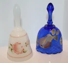 Fenton Glass (2) hand painted bells Cobalt & Milk glass signed J Powell