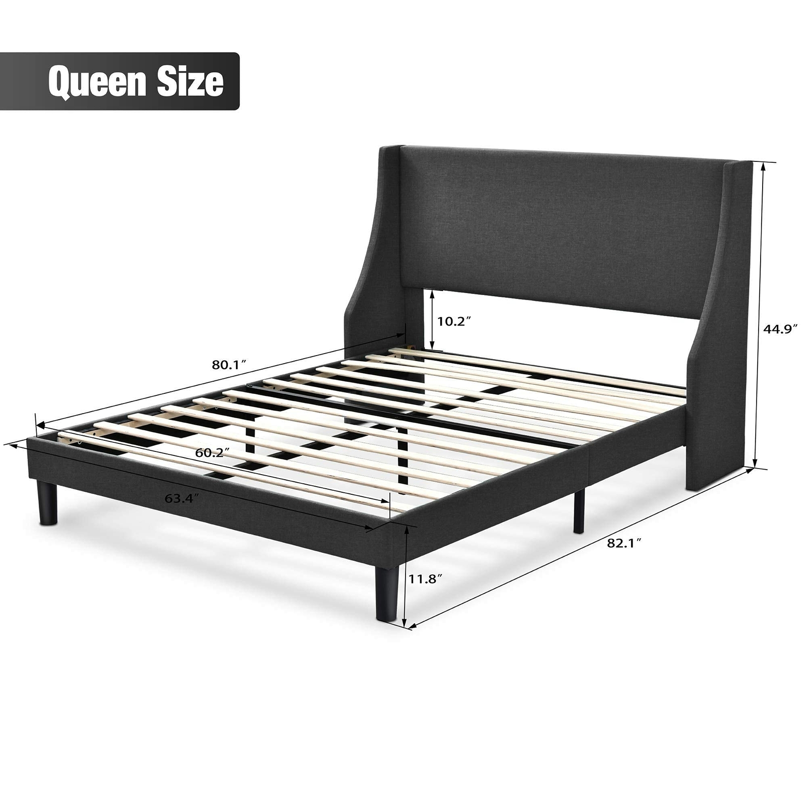 Sifurni Queen Size Platform Bed Frame with Deluxe Wingback Headboard,Dark Grey