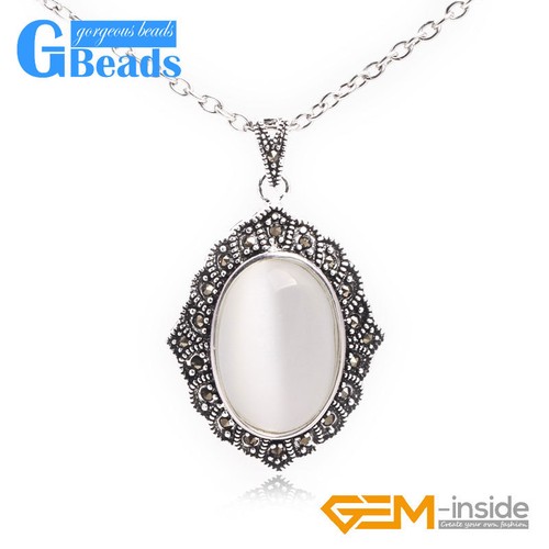 Box Chain Jewelry For Women Oval Beads Marcasite Siver Pendant 26x42mm - Picture 2 of 34