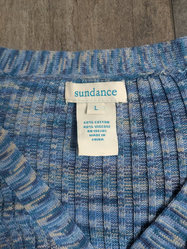 SUNDANCE Create Beauty Henley Knit Top Sweater Blue Ribbed Space Dyed Size Large - Foto 5 di 6