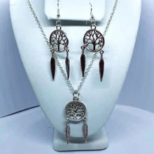 Silver-Tone Tree of Life Feather Necklace & Earrings Set
