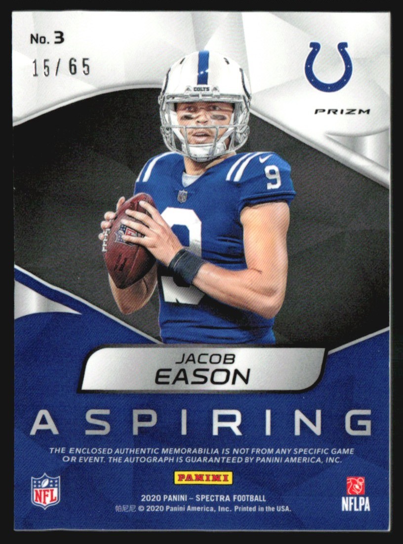 2020 Panini Spectra Aspiring RPA 15/65 Jacob Eason Rookie Patch Auto #3 R6220J view 2