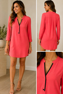 The limited women Solid Shift V-Neck Long Sleeve Short Button Accent
