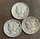 Three 1940, 1944 , and 1942 P Mercury Silver Dimes Fine / very fine