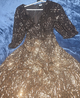 DKNY Brown/Gold Ombre Sequin Wrap Midi Dress V-Neck Belted Size 16W