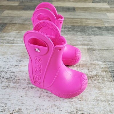 Crocs Handle It Kids Rain Boots Sz 6 C6 Vibrant Pink Rubber Handles Slip On Mid