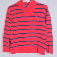Polo Ralph Lauren Red Navy Stripe Shawl Collar Sweater Boys M 10-12 100% Cotton