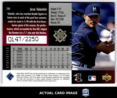 1998 SPx Finite - Spectrum #294 JOSE VALENTIN Milwaukee Brewers HOF #/2250 EX-NM - Picture 2 of 4