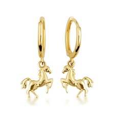 Yellow Gold Horse Stallion Drop Huggie Hoop Earrings