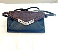 Brighton crossbody leather wallet, black w/brown embossed croc , silver trim 