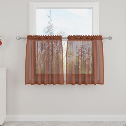 Terracotta Sheer Tiers Curtains Set Semi Light Filtering Rod Pocket Short - Picture 1 of 6