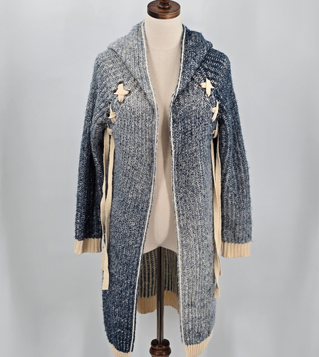 Moda Ropa y Accesorios Cárdigan Plumero Frente Abierto L/XL Azul y Beige Capucha - Imagen 2 de 8