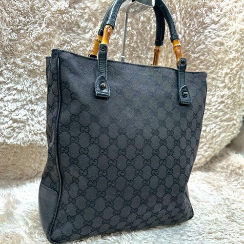 Gucci Bamboo Tote Bag Black GG Canvas Leather Vintage Womens Handbag 112530