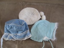 VINTAGE BABY BONNETS LOT OF 3 VELVET AND CROCHET AND BERET STYLE