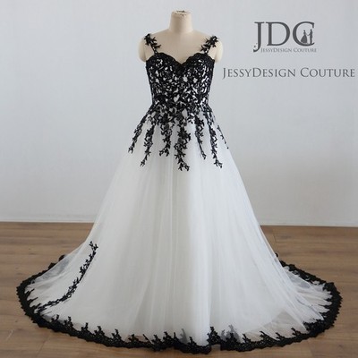 Classic White Black Lace Soft Tulle Wedding Dress Bridal Gown