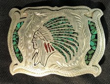 Vintage Native American Turquoise Chip Inlay Western Belt Buckle - Silver Chief