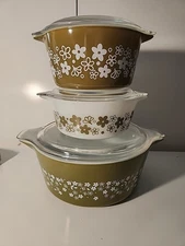 VINTAGE PYREX Green Crazy Daisy 472 1.5pt 473 1qt. 475 2.5qt Covered Dish W/Lids