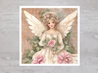 Chic Christmas Cream Floral Angel Fabric Panel Craft Sewing Quilt Block A463